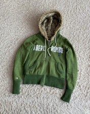 Abercrombie  Fitch Fur Hood Hoodie Womens S Green Full Zip Y2K Cozy Winter