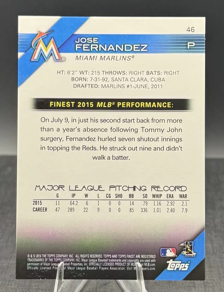 2016 Topps Finest Green Refractor Parallel #46 Jose Fernandez /99 Miami Marlins - Image 2 of 2