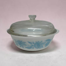 Glasbake Blue Flower Thistle 2 QT Round Casserole Dish J-514 lid J526 USA