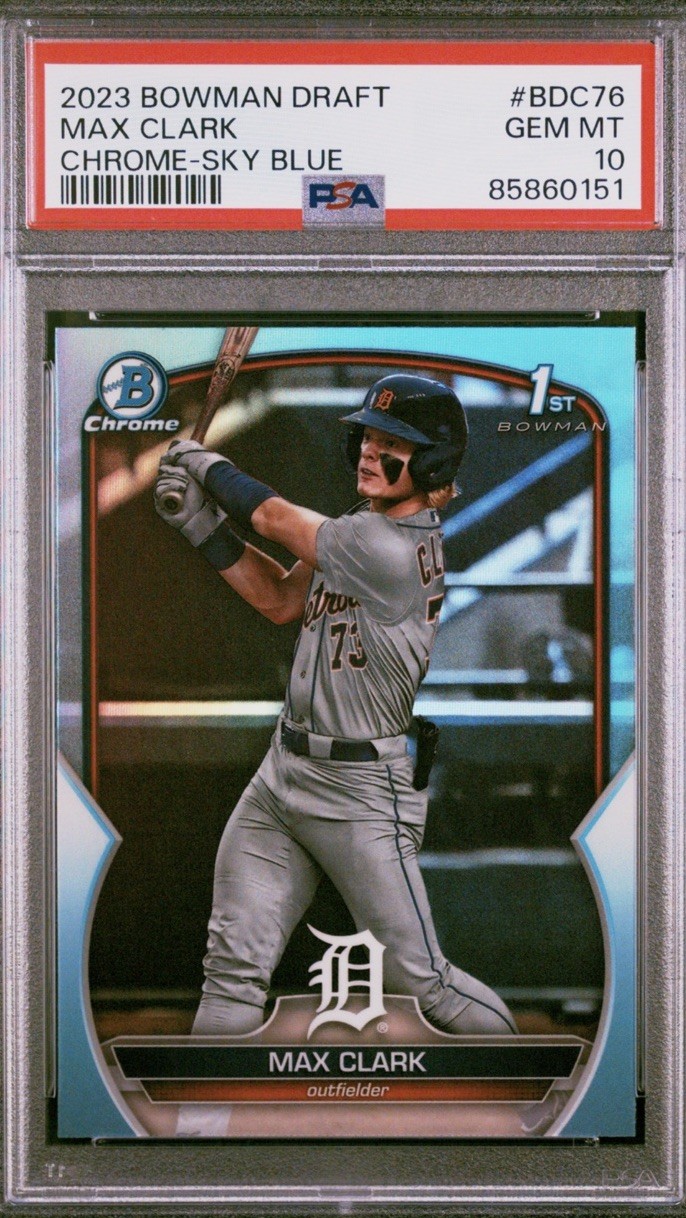 Max Clark 2023 Bowman Chrome Draft 1st Sky Blue Refractor PSA 10 GEM MT Tigers