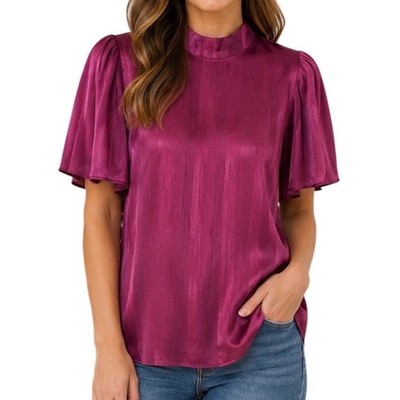 LC Lauren Conrad NWT Blouse Size 0X Magenta NEW Mock Neck Flutter Sleeve Shimmer