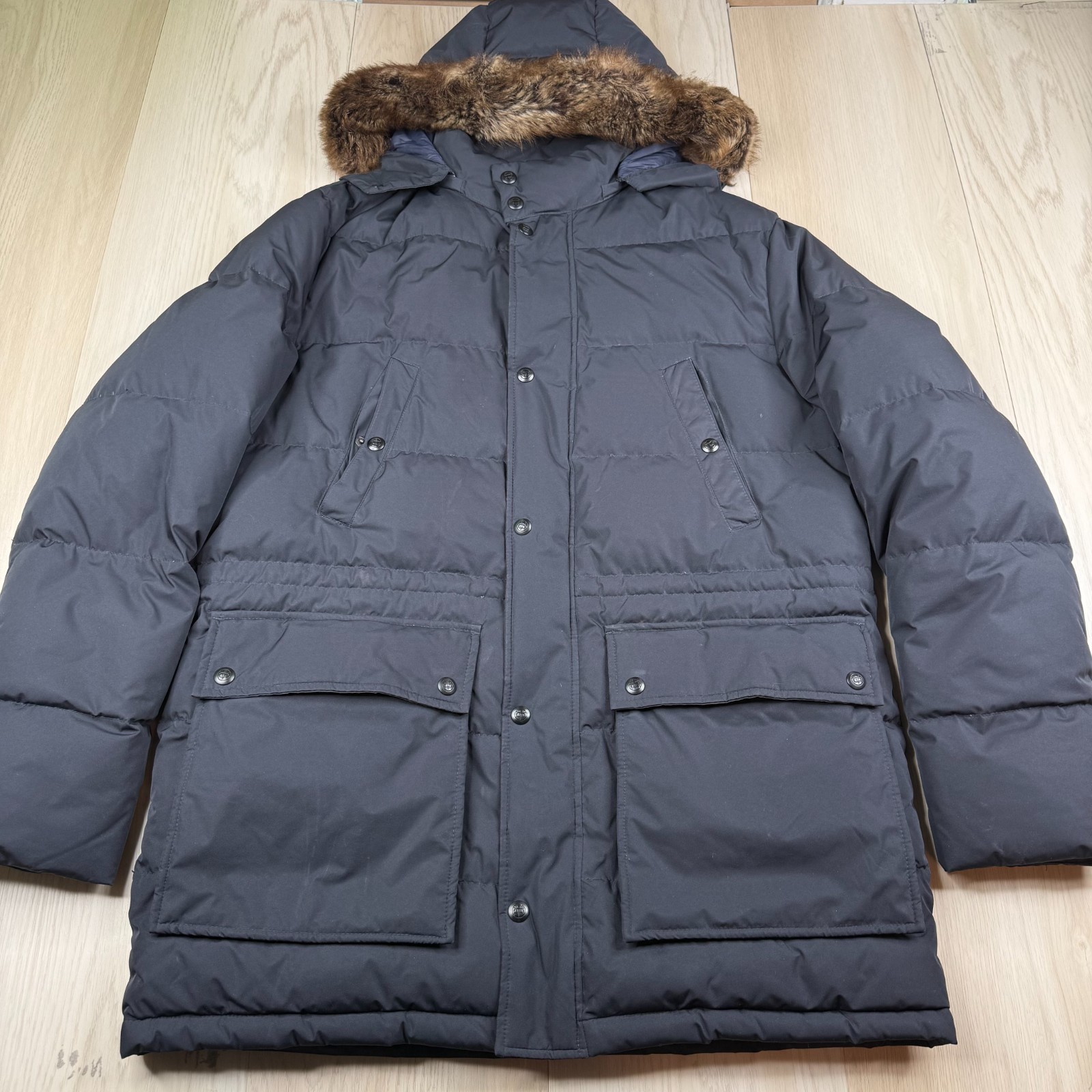 Massimo Dutti Mens Navy Blue Down Feather Fur Trim Hooded Parka Jacket Size XL