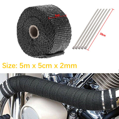 CarBole Exhaust Heat Wrap Tape – 5m X 50mm X 2mm, Black Fiberglass, 1100°F Continuous, Includes Metal Straps (Universal)