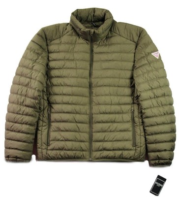 Guess Mens Jacket Coat XL Puffer Quilted Insulated Packable Hood Olive Green NEW