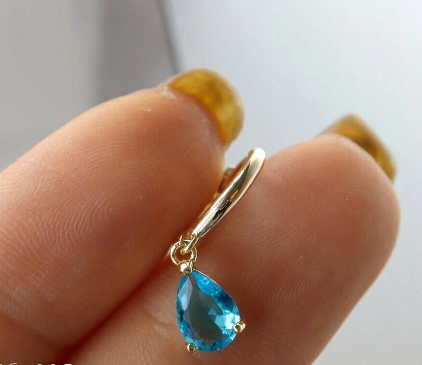 Pendientes colgantes/gota de topacio azul simulado corte pera de 3 quilates enchapados en oro amarillo de 14 k Foto 3 de 4