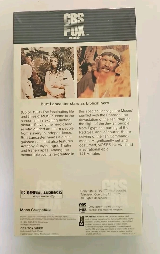 Moses VHS SEALED Watermarks CBS Fox NO BARCODE Burt Lancaster Anthony Quayle VTG - Image 3 of 4