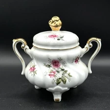 Lefton China Sugar Bowl With Lid Hand Painted Gold Colored Accents NE 3449