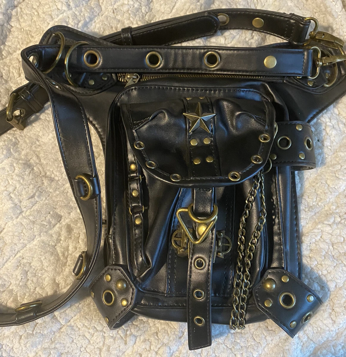 Steampunk Black Faux Leather 3in one Satchel Backpack Waist