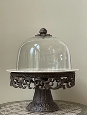 Gracious Goods GG Collection Acanthus Glass Domed Cake Platter On Metal Pedestal