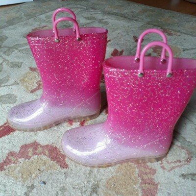 Girls rain boots pink glitter light up size 3