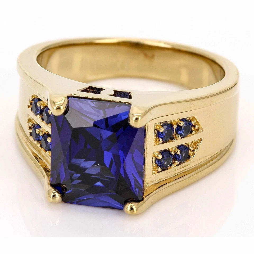 6.64 克拉翡翠切割蓝色蓝宝石 14K 黄金婚戒男士戒指 — 第 2/4 张图片