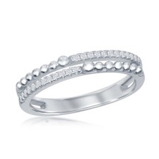 Sterling Silver Half Beaded and CZ Double Band Ring