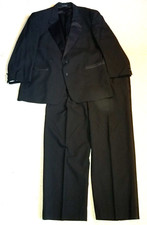 Mens Tuxedo Suit-PIERRE CARDIN-black 100 wool 2-button w/satin trim-44R