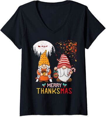 Happy Thanksgiving Merry Christmas Gnomes Ladies' V-Neck Tshirt