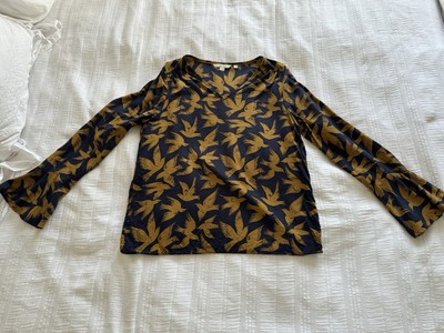 Boden dunkelblau hellbraun Vogelmuster Seidenmischung Bluse Top Gr. 12