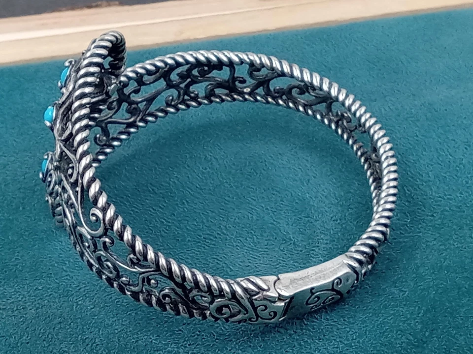 Carolyn Pollack Hinged Sterling Silver Bracelet w. Turquoise Stones: 7" Interior - Image 4 of 4