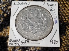 Alderney 2 Pounds 1990 Cu-Ni Queen Mother 90th Almost UNC - ii Tariff Incl