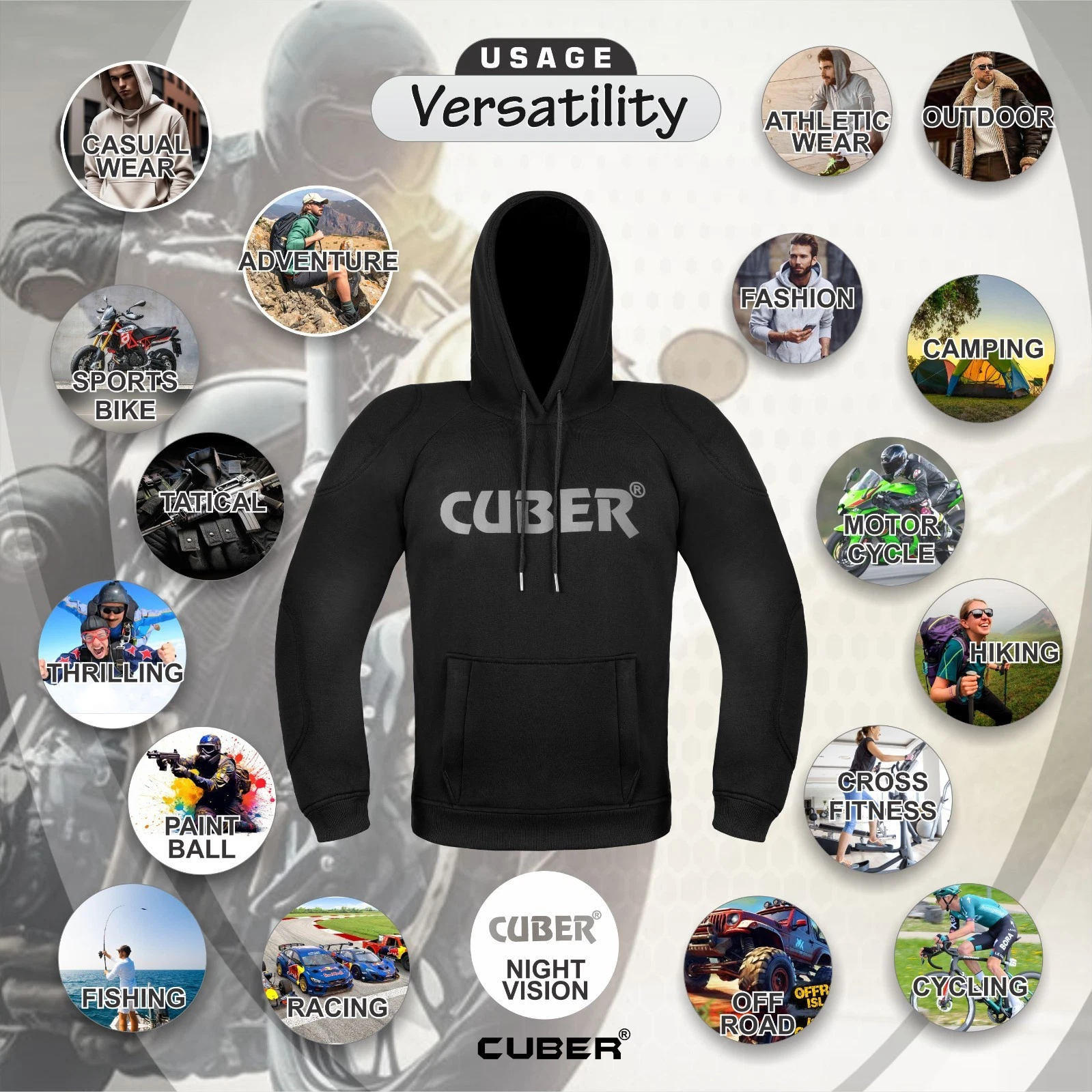 CUBER ARMORED MOTORCYCLE HOODIE SWEATSHIRT FOR MEN & WOMEN POWERSPORT - product detail image 7