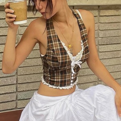 Retro Mode karierte Weste für Frauen ärmellos Neckholder Polyester Wes