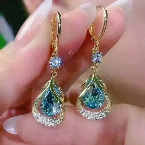 2Ct Pear Cut Lab Created Aquamarine Drop-Dangle Earring 14K Yellow Gold Plated - Picture 7 of 7