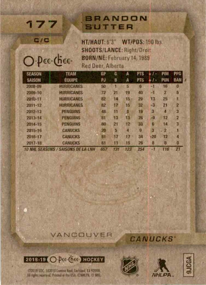 2018-19 O-Pee-Chee Silver Brandon Sutter #177 - Image 2 of 2