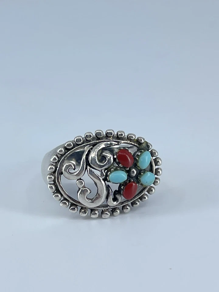 Anillo Coral Turquesa Plata Esterlina Flor Diseño Filigrana Talla 5.5 Foto 3 de 4