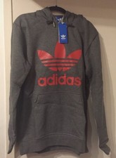 ADIDAS ORIGINALS HOODIE GREY & RED TREFOIL LOGO SIZE UK M MEDIUM MENS BNWT RARE