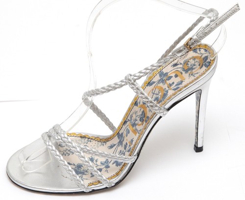 GUCCI Sandal Metallic Silver Leather HAINES Strappy Floral Sz 38 - Picture 4 of 10