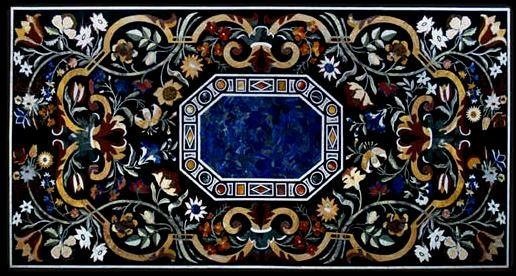 48x24 Black Marble Table Top with Handcrafted Pietra Dura Art for Elegant Home Decor