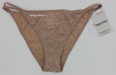 NWT Calvin Klein QF7105 ''Sheer Marquisette'' High Leg, Lace, String Tanga, Beige