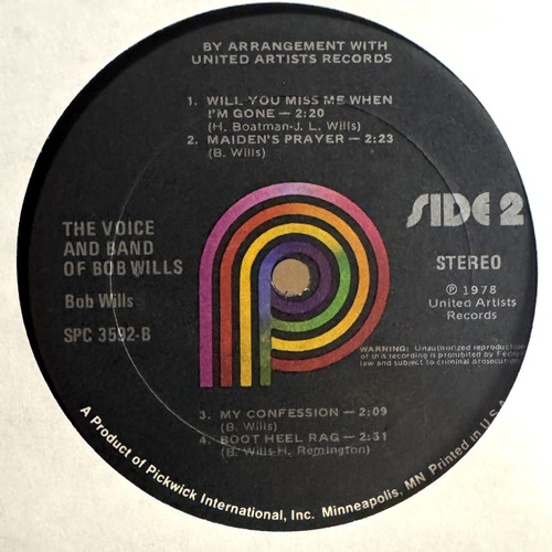 Bob Wills – The Voice & Band Of..: Pickwick LP 1978 Vinyl Compilation (Country) - Picture 6 of 6