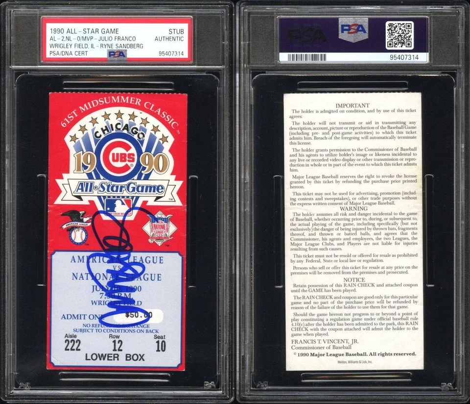Ryne Sandberg Signed 1990  All Star Game Ticket PSA DNA Autograph Authentic - Image 3 of 3