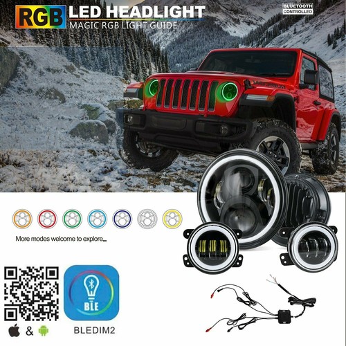 2X 7" RGB LED Halo APP Faros + 4" Kit combinado de luces antiniebla para Jeep Wrangler JK - Imagen 8 de 12