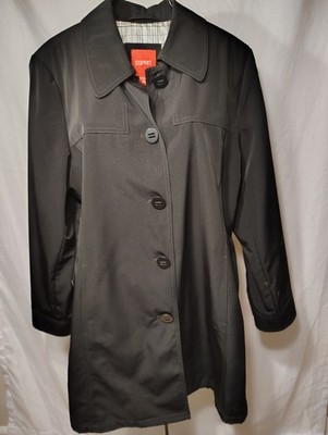 Espirit Women s Trench Coat Black Pockets Double-Breasted Fully Lined, Size Med