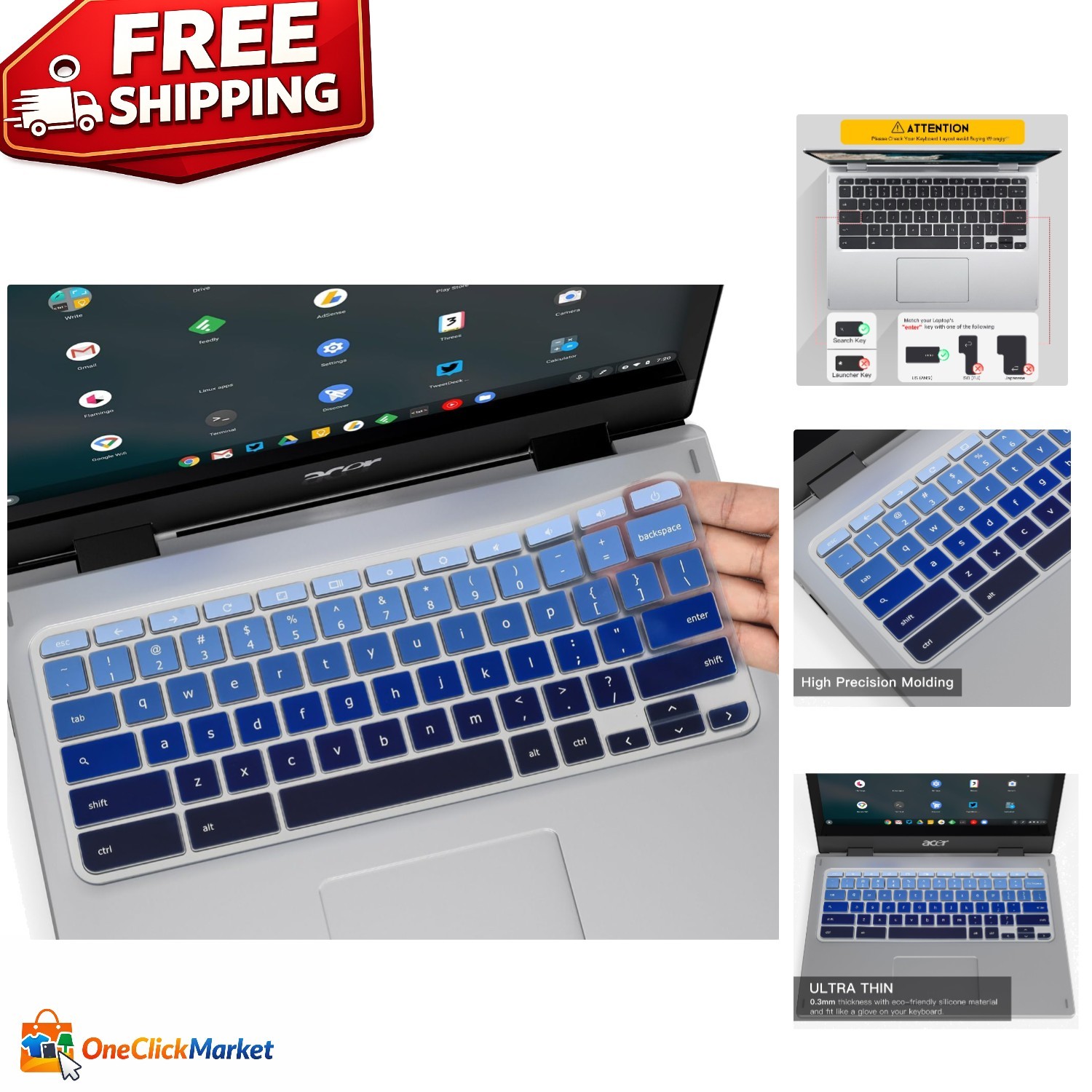 Reusable Gradual Blue Keyboard Skin for Acer Chromebooks - Ultra Thin Design