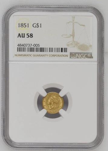 1851 $1 Liberty Head Gold Dollar AU58 NGC  Problem Free Type 1