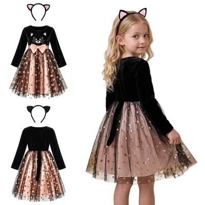 Girls Outfit Set Bowknot Dress Cute Costume Cat Pattern Role Play Costume