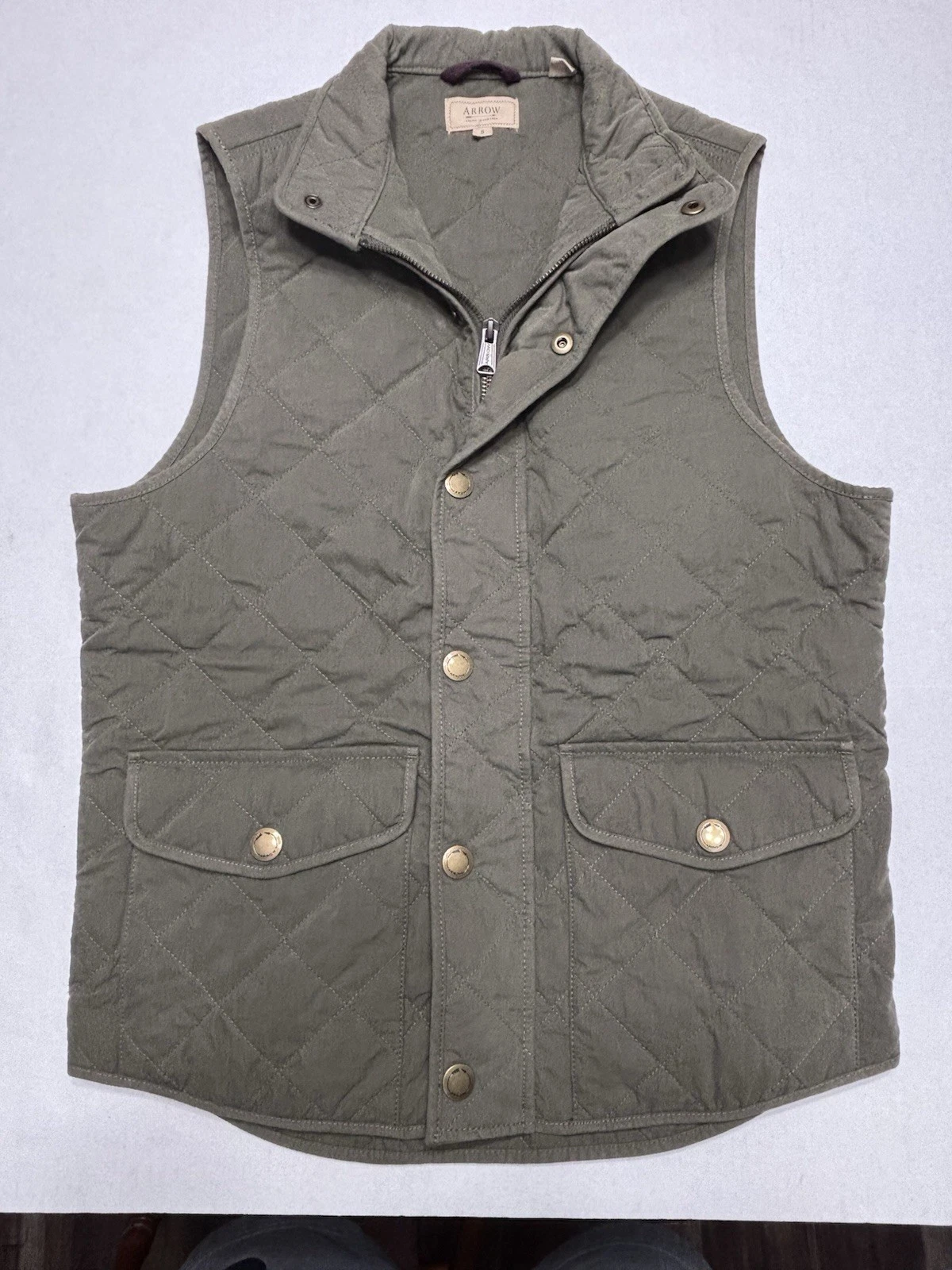 Arrow American Heritage Quilted Vest Olive Green Snap Zip Utility Men’s S