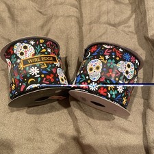 Day Of The Dead Sugar Skull Skeleton Wired Edge Ribbon -2x- 2.5  x 4yd NEW