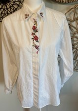 Vintage White Button-Down Shirt with Red Rose Embroidery Size Petite L