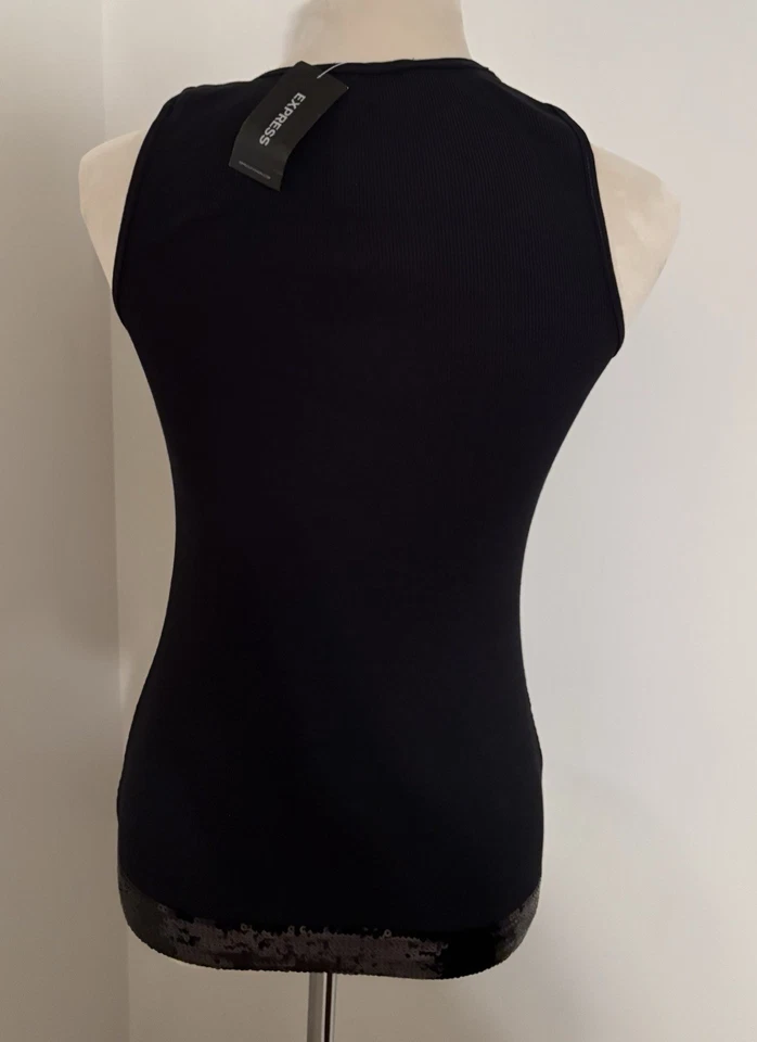 Camiseta sin mangas vintage Y2K Express Holiday negra lentejuelas algodón pima talla grande nueva con etiquetas Foto 2 de 4
