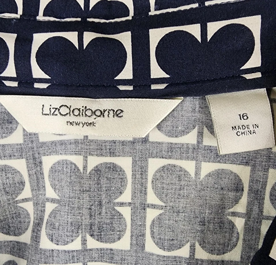 Vestido Camisa Liz Claiborne Mujer 16 Azul Blanco Geométrico Cinturón Abotonado Rodilla Foto 3 de 4