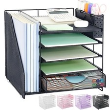 5-Tier Desk Organizer with Drawer and Pen Holder, Black  Paper Letter Tray O...