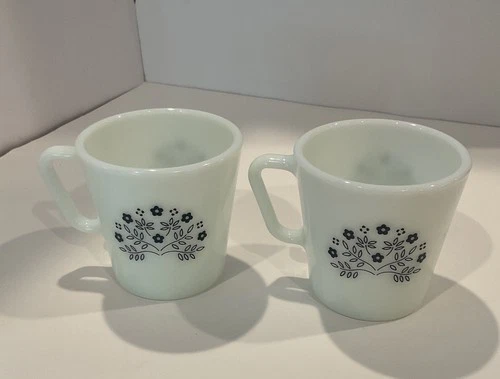 Vintage Pyrex Milk Glass Coffee Mug Cup Summer Impressions Blue Flowers Set Of 2