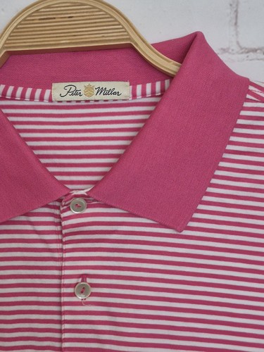 Peter Millar Poloshirt Herren Large rosa weiß gestreift clean no Club Logo Baumwolle
