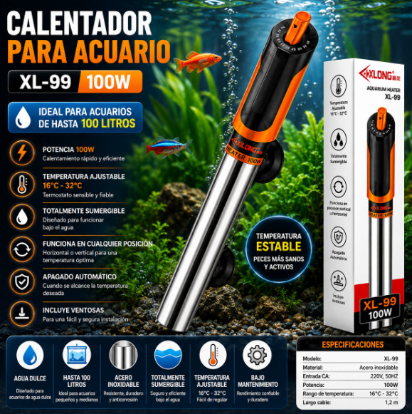 Calentador acero inoxidable 100W xilong acuario pecera xl-99