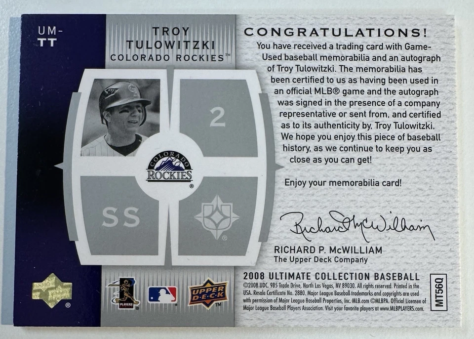 2008 Ultimate Collection Трой Туловицки Тройная Джерси Реликвия Автограф #/50 - Изображение 2 из 2