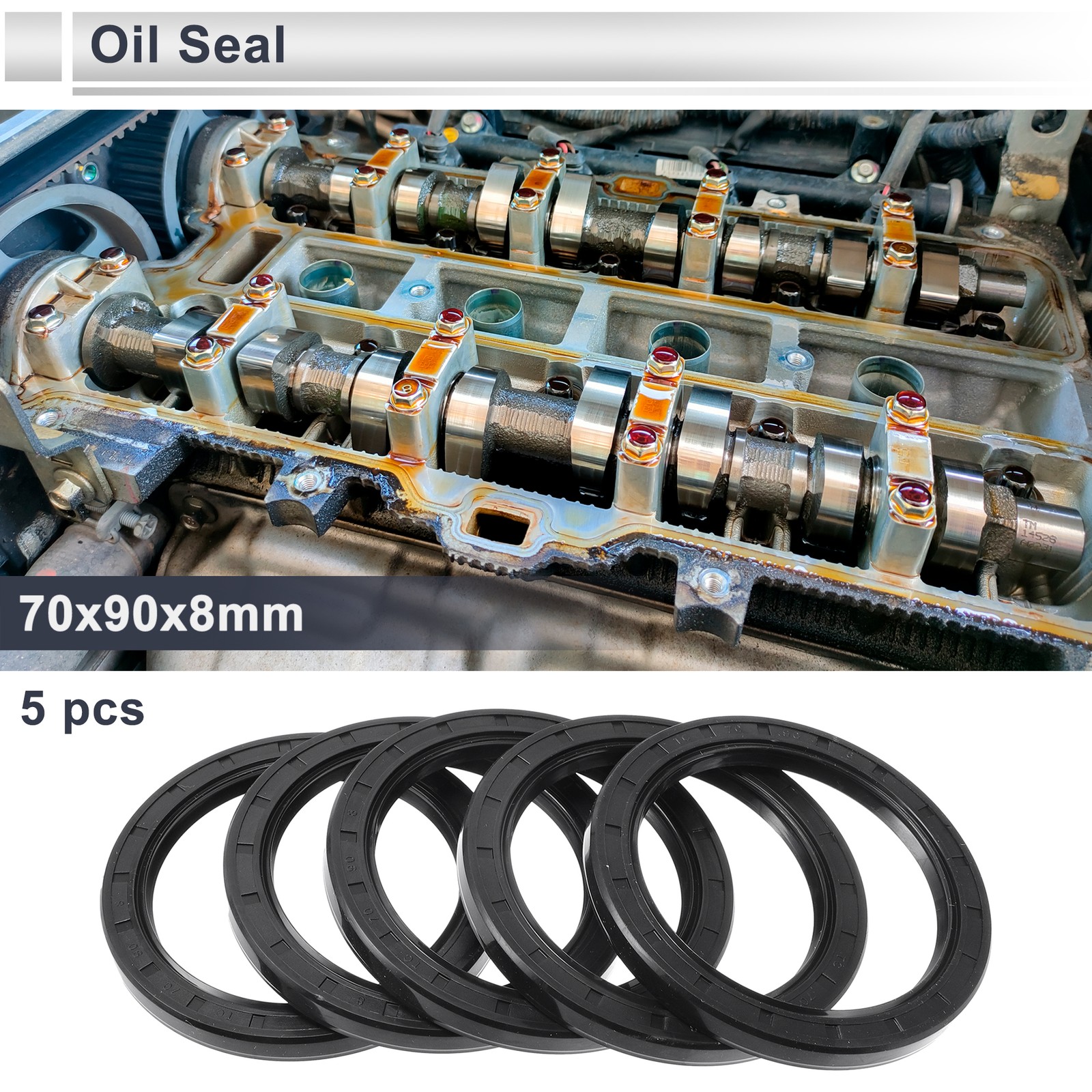 70x90x8mm Nitrile Rubber Oil Seal Ring Rotary Shaft Seal Black 5 Pcs