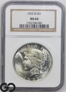 1922 D Peace Dollar MS 64 Blast White W/Cartwheel Luster