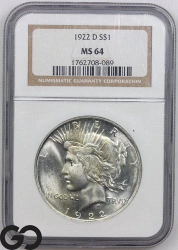 1922-D Peace Dollar MS 64 ** Blast White W/Cartwheel Luster
